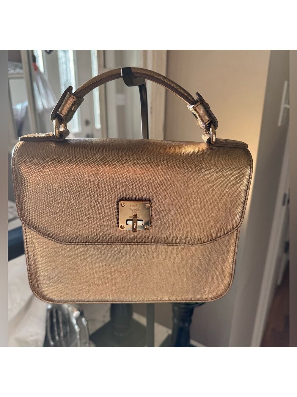 MCM - Metallic Gold Leather Turnlock Flap, Top Handle Bag with detachable strap